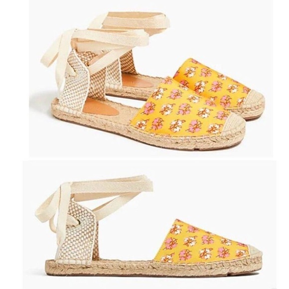 New J. Crew Orange Canvas Pink Floral Print Ankle Tie Espadrille Size 8.5 - Picture 1 of 6